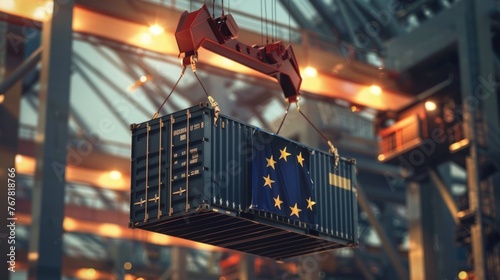 port crane holds a container with the flag of the European Union, photo