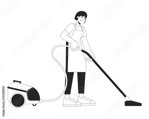 Asian woman with vacuum cleaner black and white 2D line cartoon character. Hoovering housewife isolated vector outline person. Cleaning service business idea monochromatic flat spot illustration