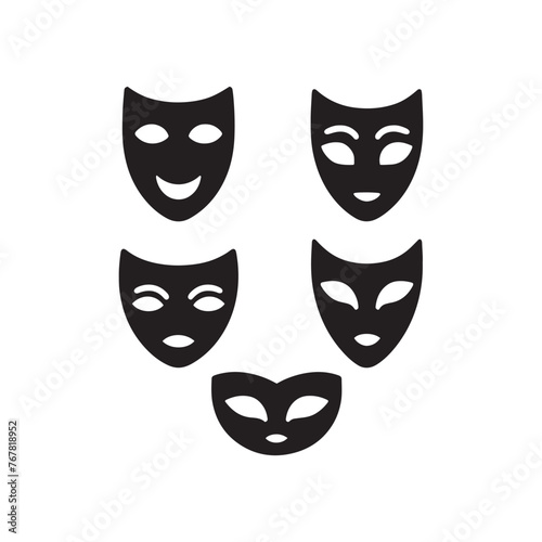 Theatrical Masks Icon Sheet Silhouette Vector: Dramatic and Expressive Theater Symbol Collection vector stock.
