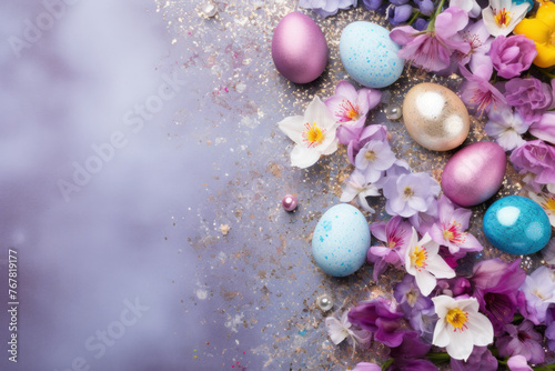 Pastel Easter eggs with flowers on textured surface