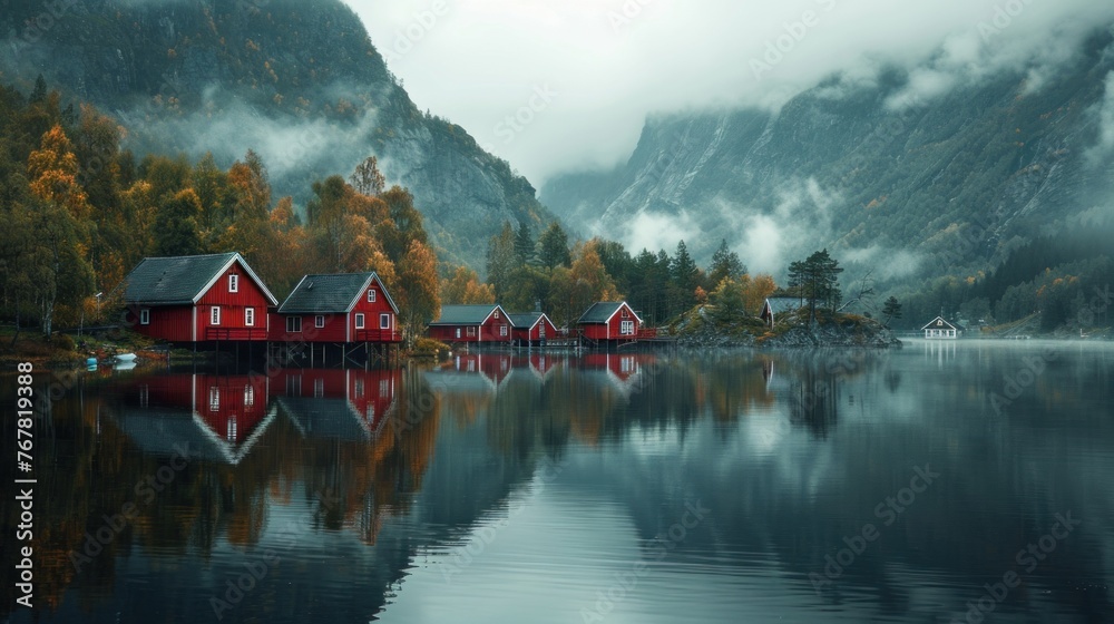 houses reflecting on a calm lake, surrounded by misty mountains - obrazy, fototapety, plakaty 