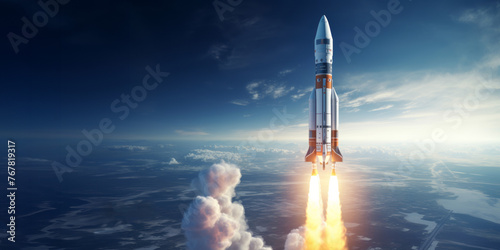 Rocket or spacecraft in space after liftoff from earth, view of the sky and planet earth. Concept of space travel, big copy space left. photo