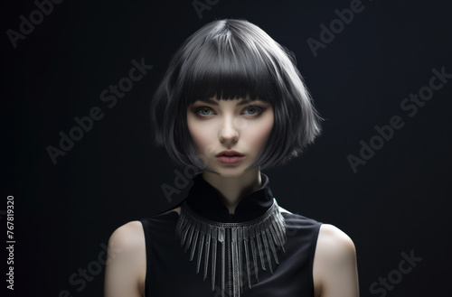 woman gracefully blows her short, sleek black bobtail hair against a soft grey background, embodying the essence of hair care and keratin treatment.