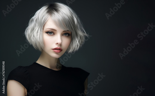 woman gracefully blows her short, sleek black bobtail hair against a soft grey background, embodying the essence of hair care and keratin treatment.
