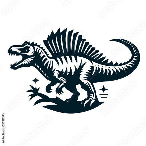 Spinosaurus dinosaur character. Extinct monster, prehistoric dinosaur or ancient wildlife animal. Jurassic era reptile, paleontology Spinosaurus lizard vector comic personage with spine hump © Alisaman
