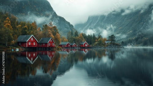 houses reflecting on a calm lake, surrounded by misty mountains