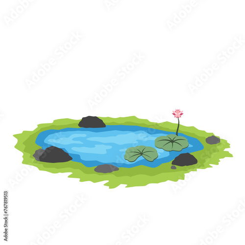 Illustration of a pond with lotus flower plants