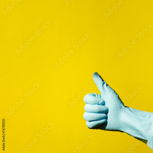 house cleaning concept. hand in blue rubber household glove shows gesture super - thumbs up on yellow background © Natalia