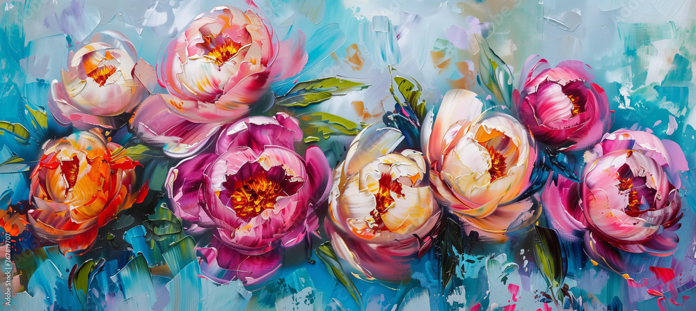 Abstract oil painting of peonies flowers, in the style of impressionism