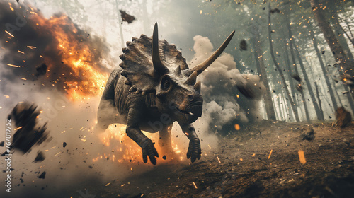 Triceratops Dinosaur Escaping Meteor Impact photo