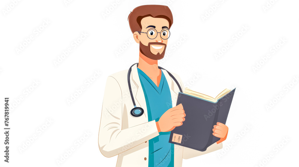 Cheerful cartoon doctor holding a medical book Cheerful cartoon doctor holding a medical book