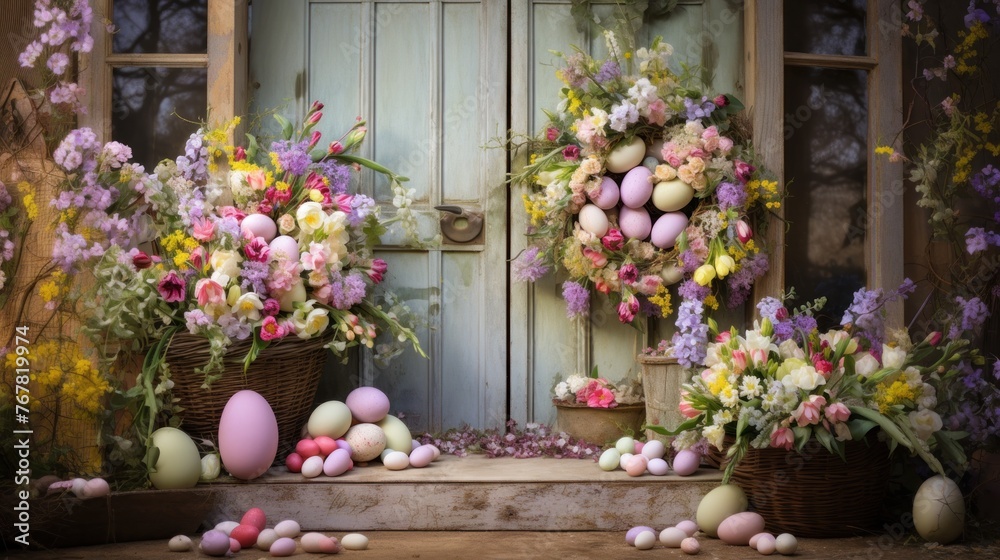 Fototapeta premium Colorful Easter egg wreath on wooden door with spring blooms