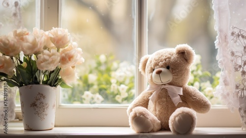 Soft teddy bear beside spring flowers on bright windowsill
