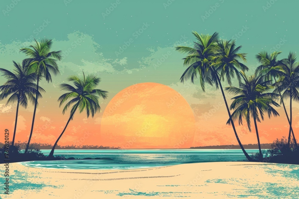 Retro illustration of bright color tropical palm trees on the island