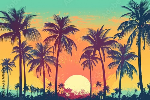 Retro illustration of bright color tropical palm trees on the island