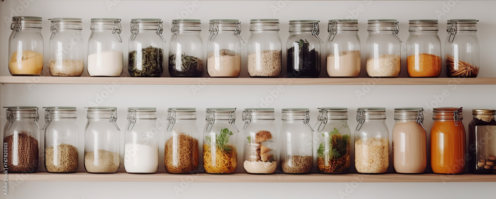Home interior design, shelves and food storage space in the house, pantry organization Home interior design, shelves and food storage space in the house, pantry organization