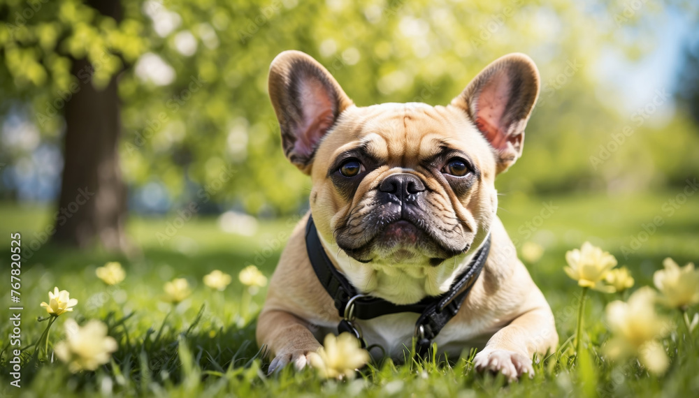 Fototapeta premium Cute dog lying on a green grass field nature in a spring sunny background
