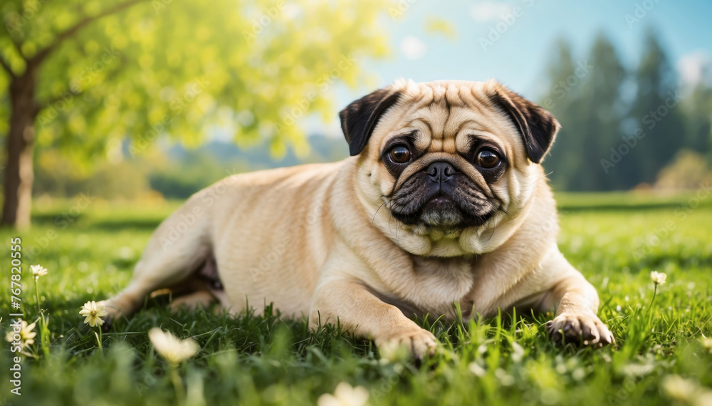 Cute dog lying on a green grass field nature in a spring sunny background