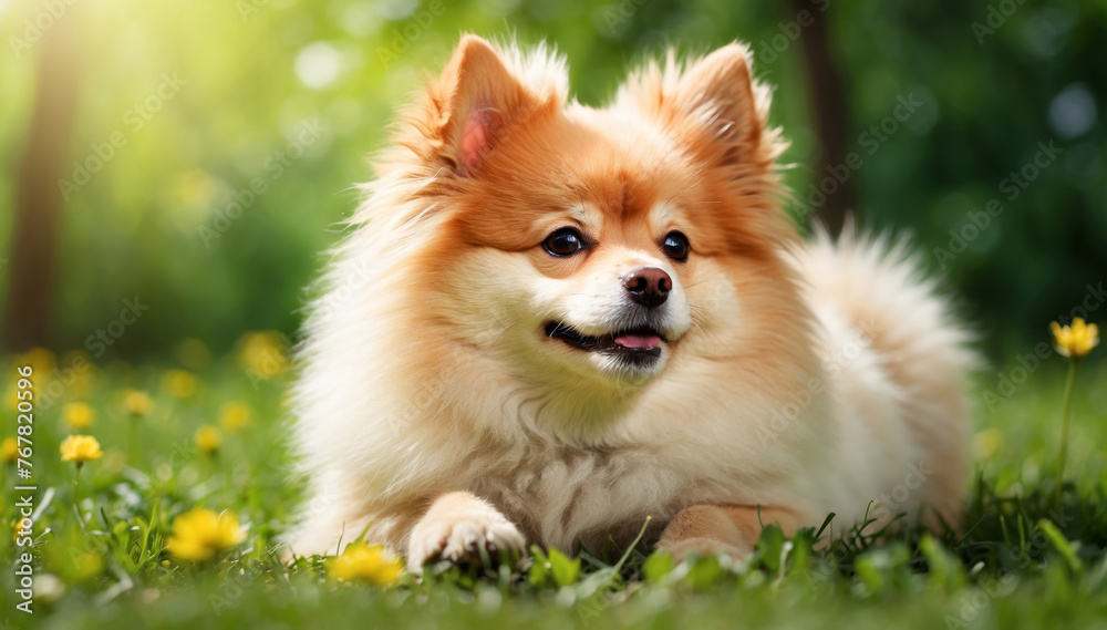 Cute dog lying on a green grass field nature in a spring sunny background Cute dog lying on a green grass field nature in a spring sunny background