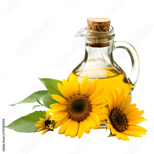 Jug of sunflower oil with flowers isolated on white background 