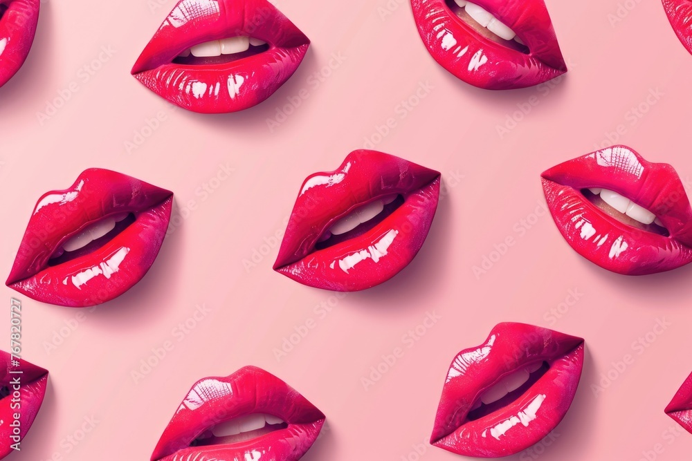 Obraz premium Fashion girl lips creative pop art pattern pastel pink background.