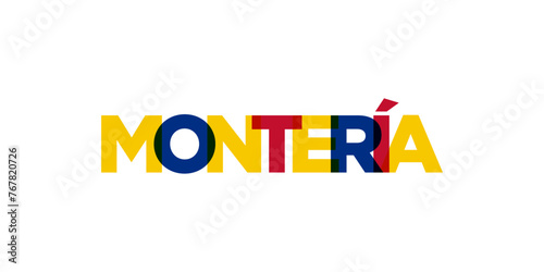 Monteria in the Colombia emblem. The design features a geometric style, vector illustration with bold typography in a modern font. The graphic slogan lettering. photo