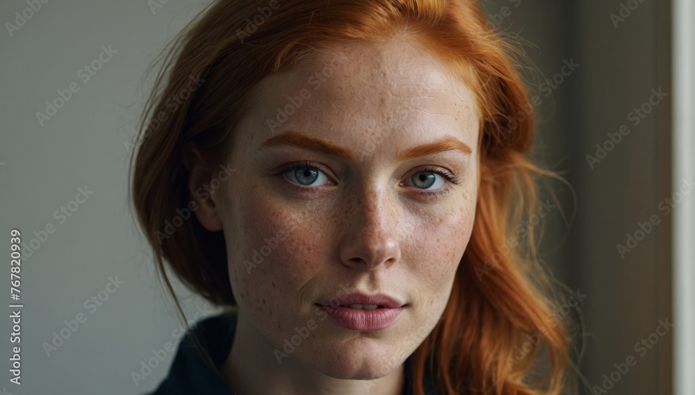 Red hair young beautiful woman and fair skin with a few light freckles dusting nose