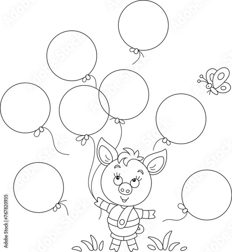 Funny cartoony little piglet playing with toy air balloons and merry butterfly on a summer lawn in a park, black and white outline vector cartoon illustration for a coloring book
