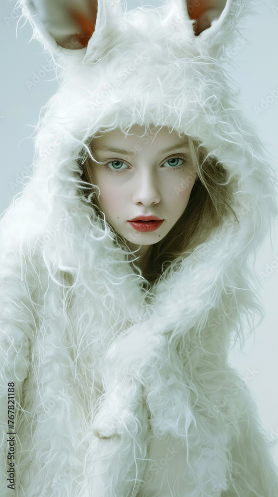 Enigmatic portrait of a young woman draped in a fluffy white rabbit costume with striking blue eyes and red lips