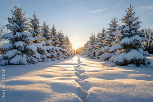 met sneeuw bedekte bomen met konijnensporen er doorheen photo