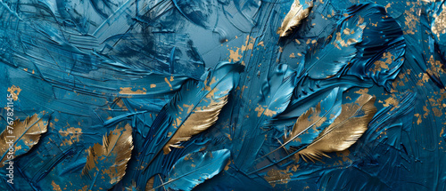 Blue and gold abstract painting with dynamic feather strokes.