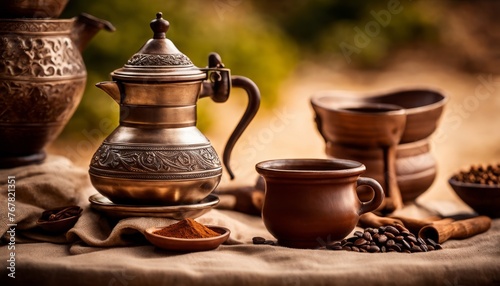 A vintage metal teapot and ceramic cups on a cloth with coffee beans and a wooden spoon of ground coffee, evoking a traditional coffee ceremony.