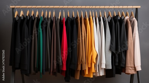 set of women's clothing in black in different colors on hangers, a concept for fashion,