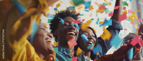 Exhilaration explodes among friends, their laughter amidst a confetti shower captures pure joy.