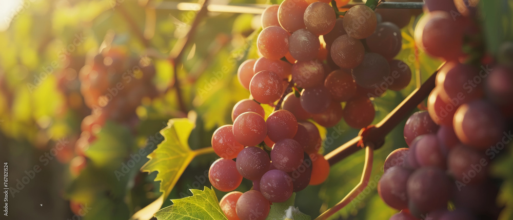 Dew-kissed grapes bask in the golden hour amidst verdant vineyard rows. Dew-kissed grapes bask in the golden hour amidst verdant vineyard rows.