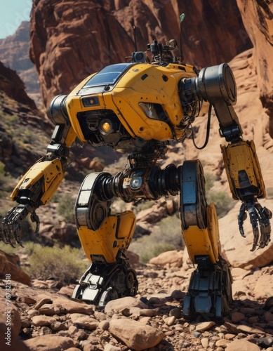 A robust yellow robot, reminiscent of a sci-fi explorer, maneuvers through rugged, Mars-like rocky terrain under a clear blue sky.