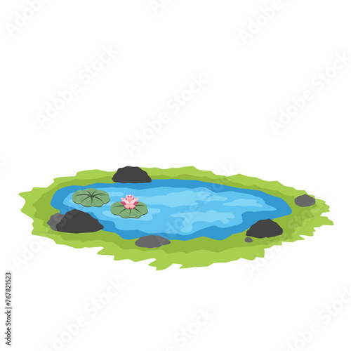 Illustration of a pond with lotus flower plants