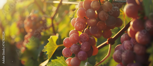 Dew-kissed grapes bask in the golden hour amidst verdant vineyard rows.