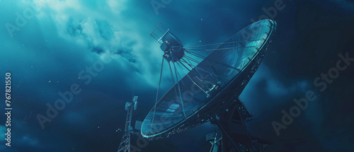 Satellite dish under a celestial sky, exploring the cosmos' vast mysteries.