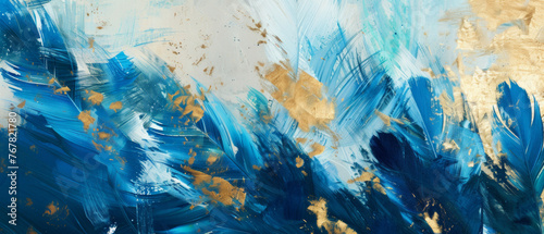 Dynamic strokes of blue and gold paint create a vibrant, textured abstract art.