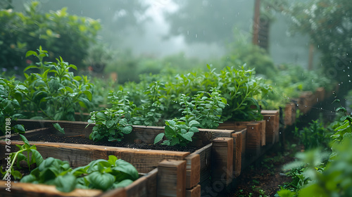 A rustic herb garden, with aromatic plants as the background, during a misty morning