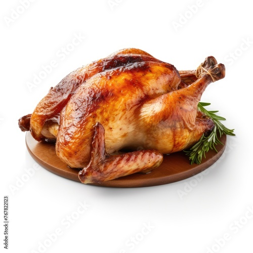 Photo of roasted chicken isolated on white background