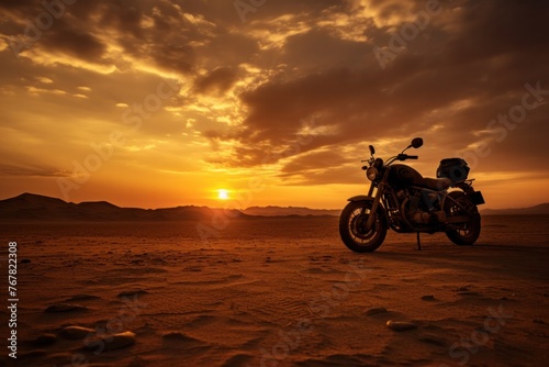 motorcycles are silhouetted against a sunset in a vast, tranquil desert,