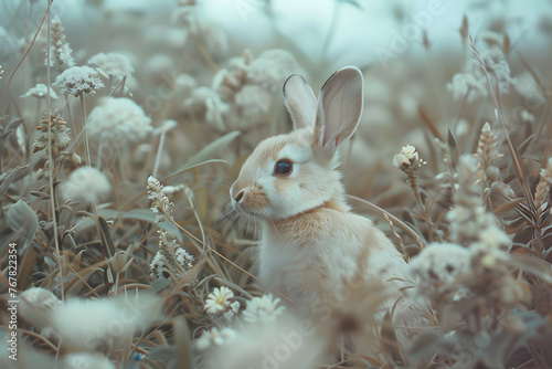 Close up of a baby rabbit sitting in grass © Oksana