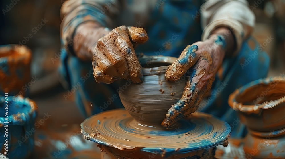 potter's hands are covered in clay as he shapes a vase on a pottery wheel in his workshop, indulging in pottery as a hobby
potter's hands are covered in clay as he shapes a vase on a pottery wheel in his workshop, indulging in pottery as a hobby