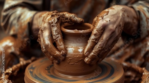 potter's hands are covered in clay as he shapes a vase on a pottery wheel in his workshop, indulging in pottery as a hobby 