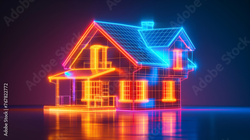 House hologram, Holographic projection of cottage in neon colors