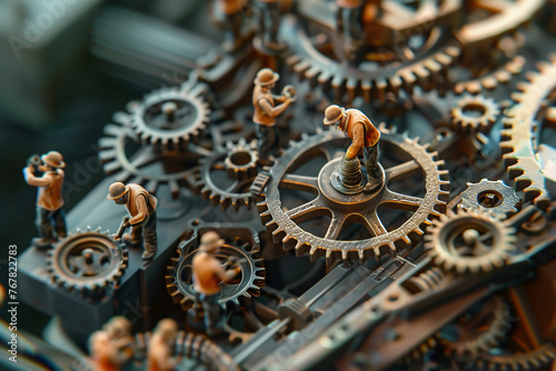 Miniature workers meticulously operate a clockwork-like machine, adjusting intersecting gears and cogwheels with precision and teamwork.