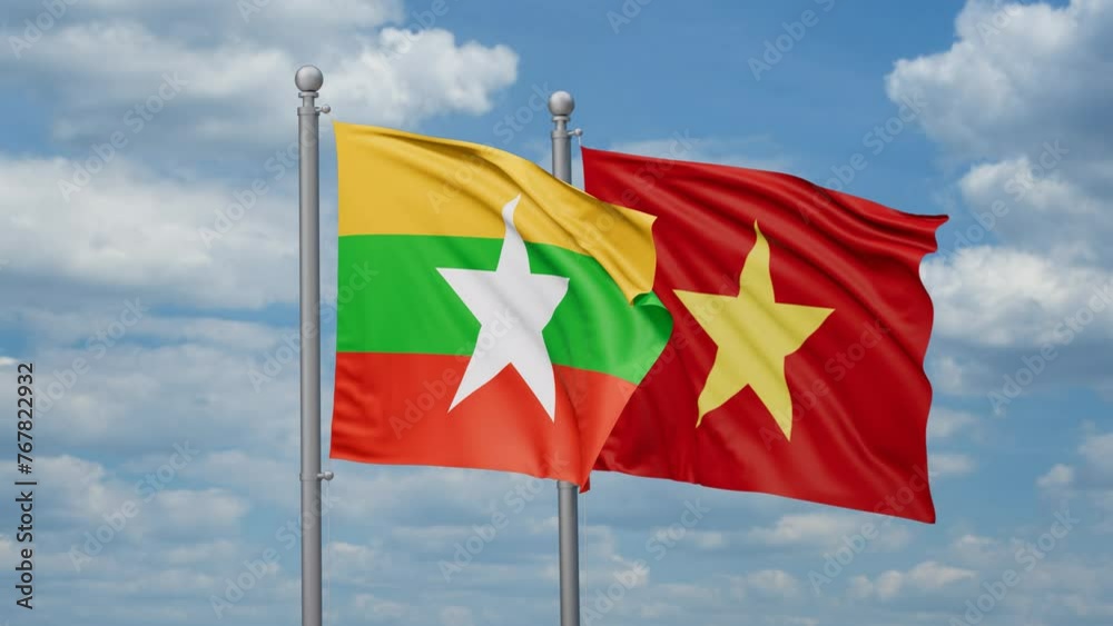 Vietnam and Myanmar two flags waving together, looped video Vietnam and Myanmar two flags waving together, looped video