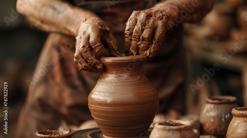 The man is enjoying his hobby of making pottery as he shapes a clay vase on a spinning wheel in his workshop, with his hands covered in clay
 photo